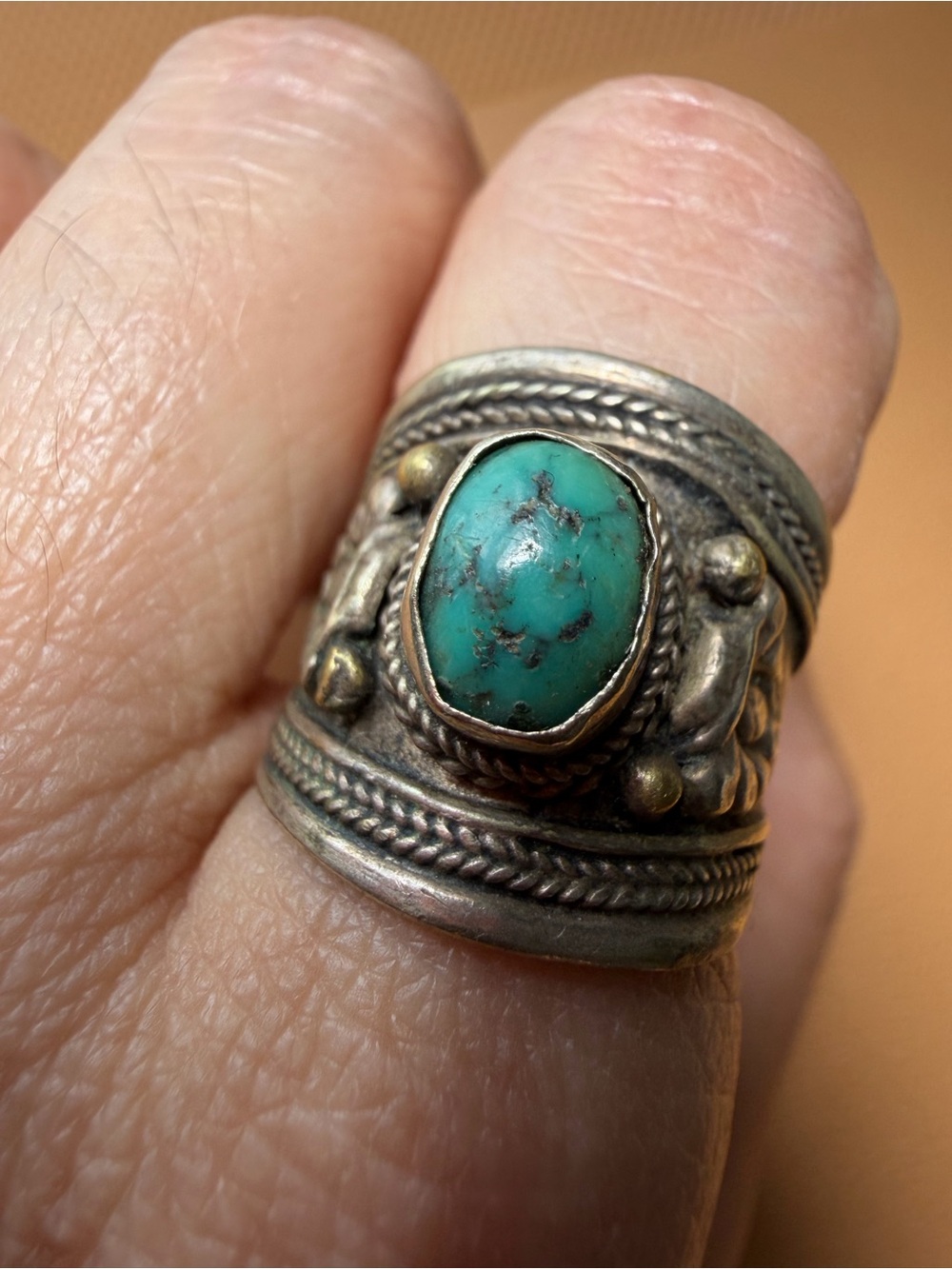 Vintage Sterling Silver Turquoise Adjustable Ring Open Back Wide Tribal Band